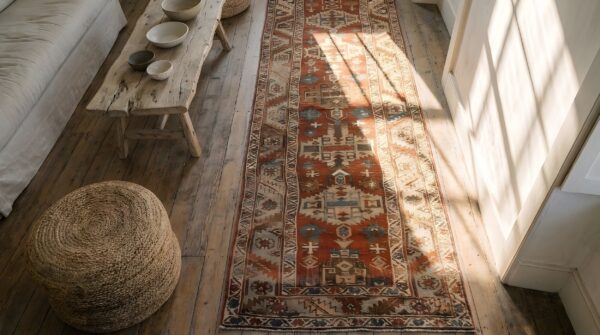 Rustic tribal antique coral persian serapi heriz wool pile hallway runner rug 2 Rustic tribal antique coral persian serapi heriz wool pile hallway runner rug (sku 22902) - styled overhead view