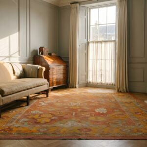 Antique Rustic Tribal Coral Wool Pile Square Turkish Oushak Rug (SKU 25593) - room view
