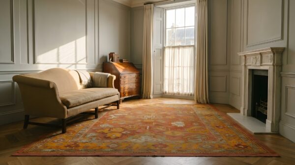 Antique rustic tribal coral wool pile square turkish oushak rug (sku 25593) - room view
