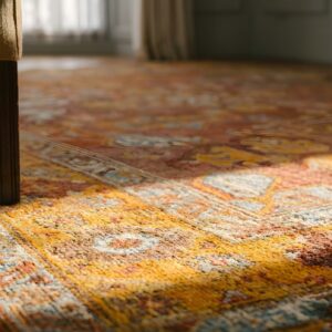 Antique Rustic Tribal Coral Wool Pile Square Turkish Oushak Rug (SKU 25593) - in-room detail