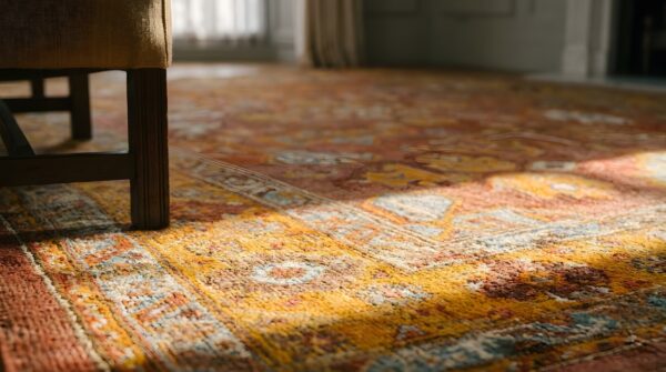 Antique rustic tribal coral wool pile square turkish oushak rug (sku 25593) - in-room detail