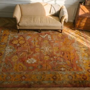 Antique Rustic Tribal Coral Wool Pile Square Turkish Oushak Rug (SKU 25593) - styled overhead view