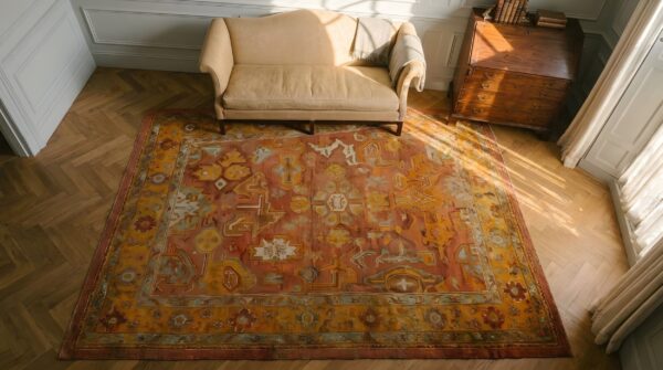 Antique rustic tribal coral wool pile square turkish oushak rug (sku 25593) - styled overhead view