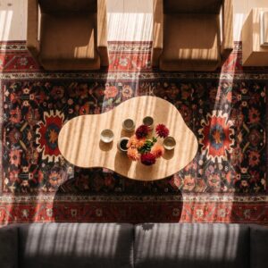 Rustic Antique Tribal Design NW Persian Long and Narrow Size Rug (SKU 25276) - styled overhead view