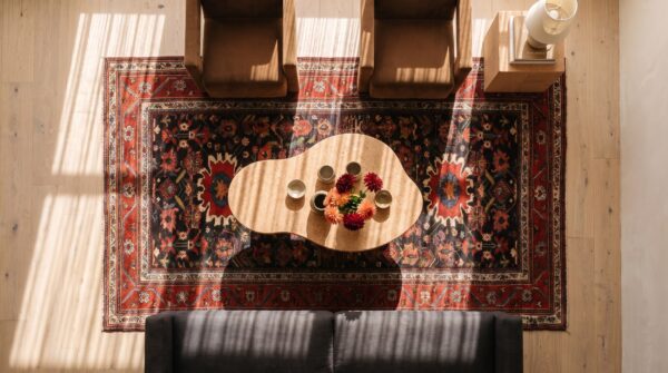 Rustic antique tribal design nw persian long and narrow size rug 2 Rustic antique tribal design nw persian long and narrow size rug (sku 25276) - styled overhead view