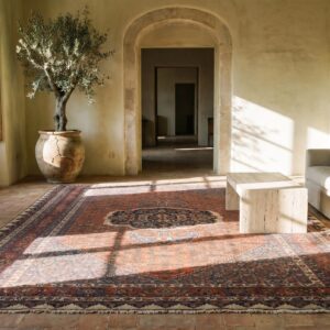 Rustic Tribal Fish Design Antique Persian Coral Bidjar Room Size Rug (SKU 19674) - room view