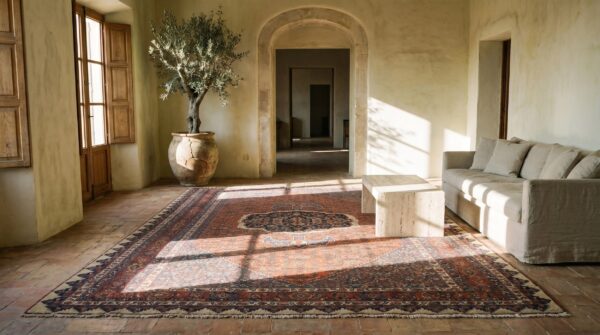 Rustic tribal fish design antique persian coral bidjar room size rug (sku 19674) - room view