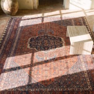 Rustic Tribal Fish Design Antique Persian Coral Bidjar Room Size Rug (SKU 19674) - styled overhead view
