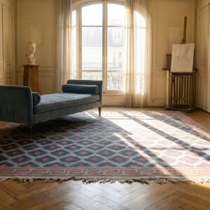 Antique Rustic Tribal Geometric Allover Pattern Square Cotton Dhurrie Rug (SKU 24153) - room view