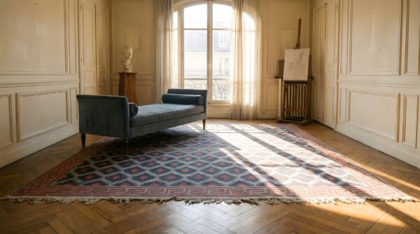 Antique rustic tribal geometric allover pattern square cotton dhurrie rug 8 Antique rustic tribal geometric allover pattern square cotton dhurrie rug (sku 24153) - room view
