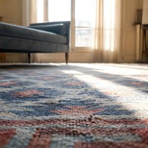 Antique Rustic Tribal Geometric Allover Pattern Square Cotton Dhurrie Rug (SKU 24153) - in-room detail