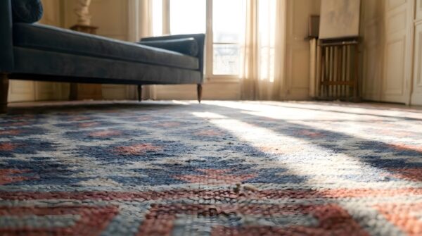 Antique rustic tribal geometric allover pattern square cotton dhurrie rug 9 Antique rustic tribal geometric allover pattern square cotton dhurrie rug (sku 24153) - in-room detail