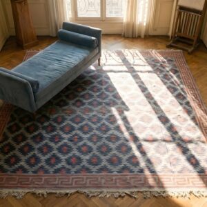 Antique Rustic Tribal Geometric Allover Pattern Square Cotton Dhurrie Rug (SKU 24153) - styled overhead view