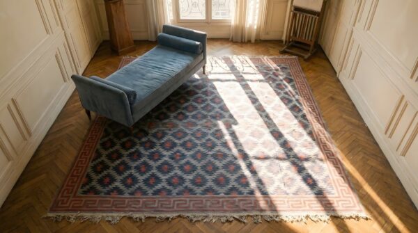 Antique rustic tribal geometric allover pattern square cotton dhurrie rug 2 Antique rustic tribal geometric allover pattern square cotton dhurrie rug (sku 24153) - styled overhead view