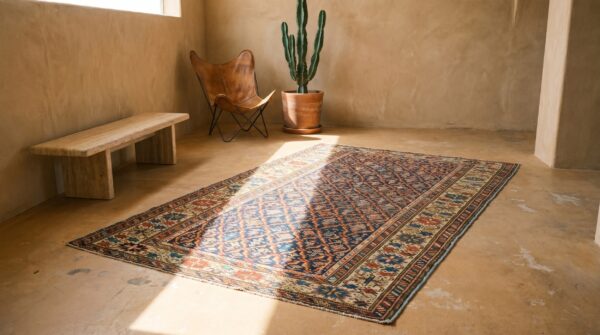 Rustic tribal geometric antique blue caucasian shirvan rug (sku 18174) - room view
