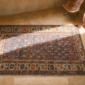 Rustic Tribal Geometric Antique Blue Caucasian Shirvan Rug (SKU 18174) - styled overhead view