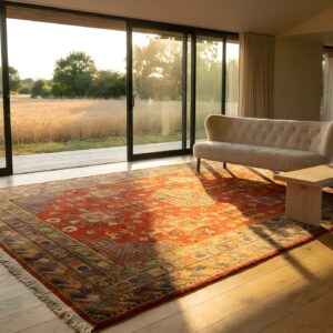 Rustic Tribal Geometric Antique East Turkestan Room Size Coral Khotan Rug (SKU 25444) - room view