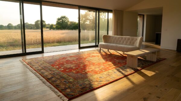 Rustic tribal geometric antique east turkestan room size coral khotan rug 5 Rustic tribal geometric antique east turkestan room size coral khotan rug (sku 25444) - room view