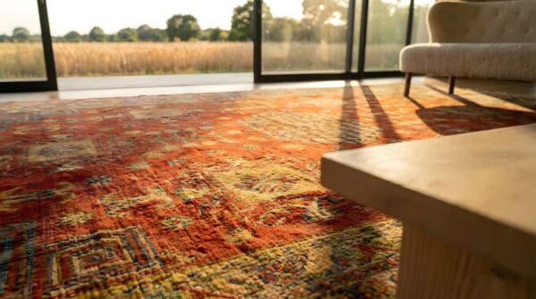 Rustic tribal geometric antique east turkestan room size coral khotan rug 6 Rustic tribal geometric antique east turkestan room size coral khotan rug (sku 25444) - in-room detail