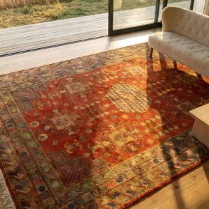 Rustic Tribal Geometric Antique East Turkestan Room Size Coral Khotan Rug (SKU 25444) - styled overhead view