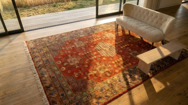 Rustic tribal geometric antique east turkestan room size coral khotan rug 2 Rustic tribal geometric antique east turkestan room size coral khotan rug (sku 25444) - styled overhead view