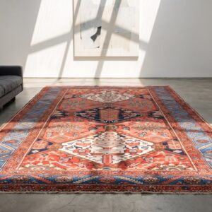 Rustic Tribal Geometric Antique Persian Bakhtiari Wool Pile Coral Area Rug (SKU 21458) - room view