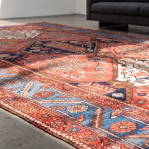 Rustic Tribal Geometric Antique Persian Bakhtiari Wool Pile Coral Area Rug (SKU 21458) - in-room detail