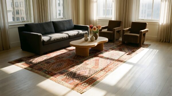 Rustic tribal geometric antique turkish late 19th century kilim rug 8 Rustic tribal geometric antique turkish late 19th century kilim rug (sku 24193) - room view