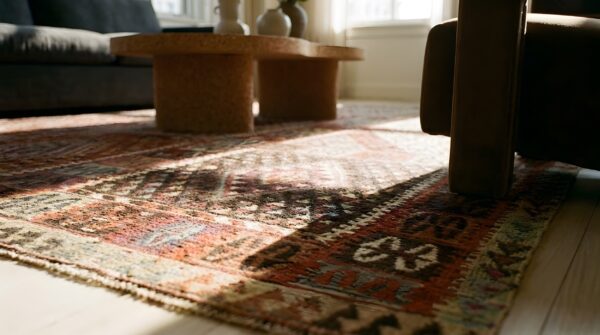 Rustic tribal geometric antique turkish late 19th century kilim rug 9 Rustic tribal geometric antique turkish late 19th century kilim rug (sku 24193) - in-room detail