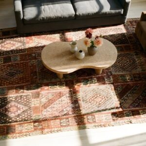 Rustic Tribal Geometric Antique Turkish Late 19th Century Kilim Rug (SKU 24193) - styled overhead view