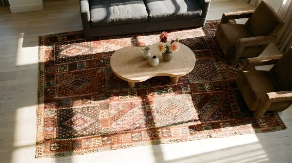 Rustic tribal geometric antique turkish late 19th century kilim rug 2 Rustic tribal geometric antique turkish late 19th century kilim rug (sku 24193) - styled overhead view