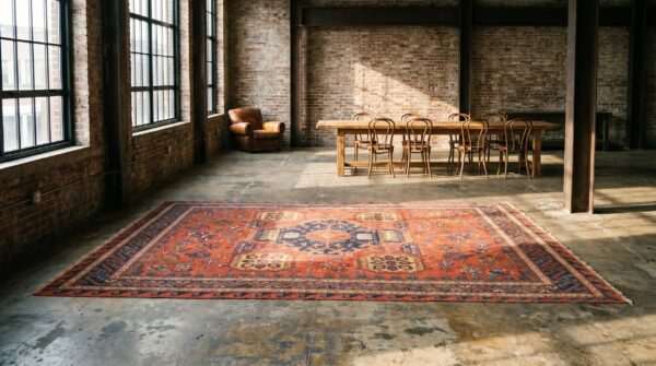 Rustic tribal antique large size coral caucasian soumak flat weave rug 8 Rustic tribal antique large size coral caucasian soumak flat weave rug (sku 20350) - room view