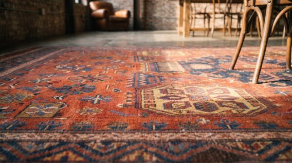 Rustic tribal antique large size coral caucasian soumak flat weave rug 9 Rustic tribal antique large size coral caucasian soumak flat weave rug (sku 20350) - in-room detail