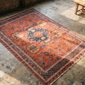 Rustic Tribal Antique Large Size Coral Caucasian Soumak Flat Weave Rug (SKU 20350) - styled overhead view