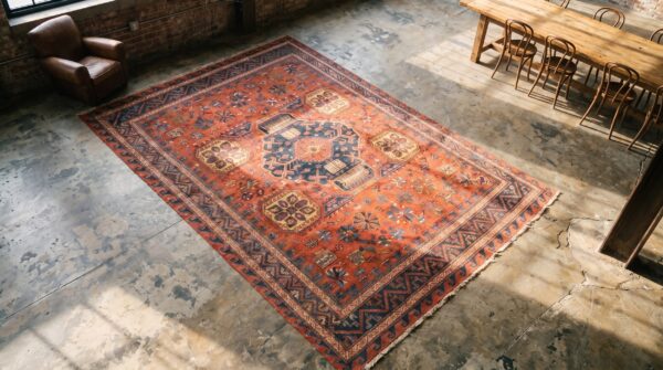 Rustic tribal antique large size coral caucasian soumak flat weave rug 2 Rustic tribal antique large size coral caucasian soumak flat weave rug (sku 20350) - styled overhead view