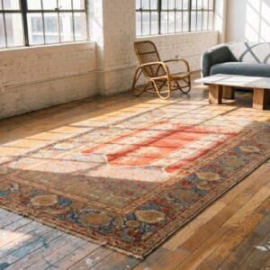 Rustic Tribal Antique Mid 18th Century Turkish Islamic Ghiordes Prayer Design Coral Rug (SKU 19687) - room view