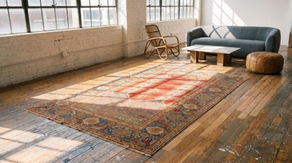 Rustic tribal antique mid 18th century turkish islamic ghiordes prayer design coral rug 10 Rustic tribal antique mid 18th century turkish islamic ghiordes prayer design coral rug (sku 19687) - room view