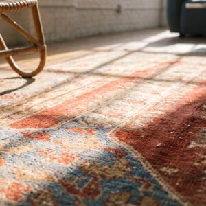Rustic Tribal Antique Mid 18th Century Turkish Islamic Ghiordes Prayer Design Coral Rug (SKU 19687) - in-room detail