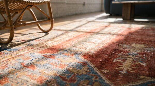 Rustic tribal antique mid 18th century turkish islamic ghiordes prayer design coral rug 11 Rustic tribal antique mid 18th century turkish islamic ghiordes prayer design coral rug (sku 19687) - in-room detail