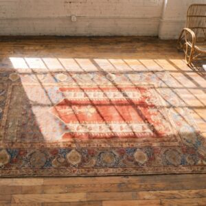 Rustic Tribal Antique Mid 18th Century Turkish Islamic Ghiordes Prayer Design Coral Rug (SKU 19687) - styled overhead view