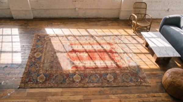 Rustic tribal antique mid 18th century turkish islamic ghiordes prayer design coral rug 2 Rustic tribal antique mid 18th century turkish islamic ghiordes prayer design coral rug (sku 19687) - styled overhead view