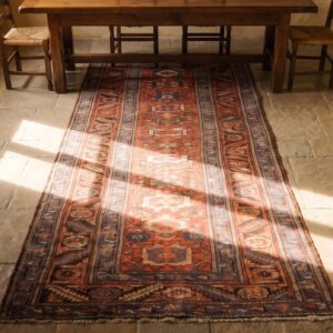 Rustic Tribal Antique Persian Bakshaish Coral Hallway Runner Rug (SKU 20203) - styled overhead view
