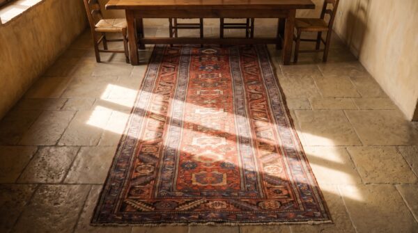 Rustic tribal antique persian bakshaish coral hallway runner rug 2 Rustic tribal antique persian bakshaish coral hallway runner rug (sku 20203) - styled overhead view