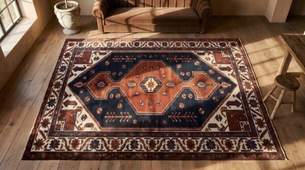 Rustic tribal antique persian malayer wide long and narrow gallery size rug (sku 22746) - styled overhead view