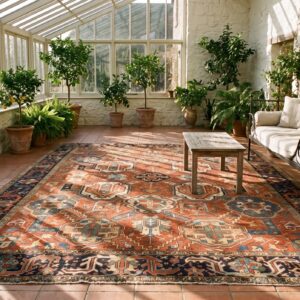 Rustic Tribal Red Large Scale Allover Pattern Antique Persian Room Size Heriz Serapi Rug (SKU 25252) - room view
