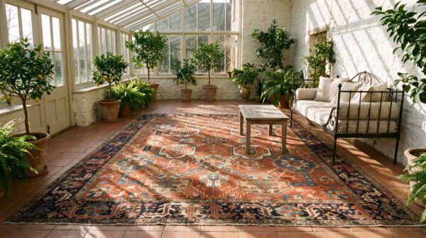 Rustic tribal red large scale allover pattern antique persian room size heriz serapi rug (sku 25252) - room view
