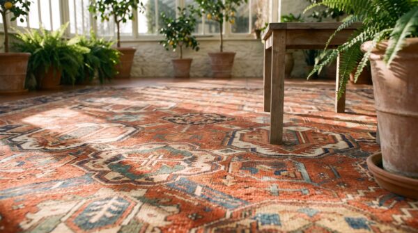 Rustic tribal red large scale allover pattern antique persian room size heriz serapi rug (sku 25252) - in-room detail