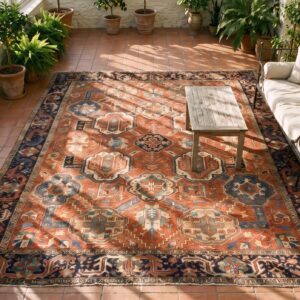 Rustic Tribal Red Large Scale Allover Pattern Antique Persian Room Size Heriz Serapi Rug (SKU 25252) - styled overhead view