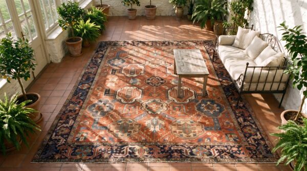 Rustic tribal red large scale allover pattern antique persian room size heriz serapi rug (sku 25252) - styled overhead view