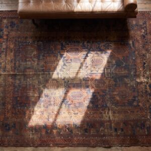 Rustic Worn Distressed Antique Tribal Persian Baluch Shabby Chic Rug (SKU 20455) - styled overhead view
